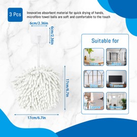 Bagentry 3 Pcs Fluff Fuzzy Ball Hand Towel with 3 Hooks, Quick Dry Hand Towel with Hanging Loop, Decorative Towels for Bathroom Kitchen (White)