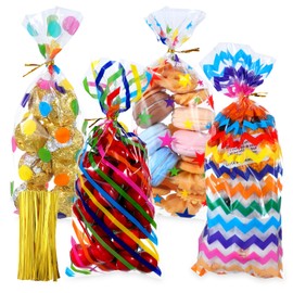Eldraqth 100 Pcs Rainbow Dot Stripes Printed Pattern Summer Goodie Bags Treat Bags with Ties Clear Goodie Bag for Summer Party Favor Supplies Snack Packing