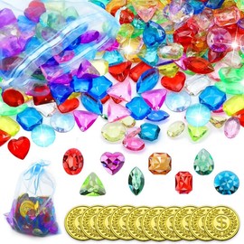 PXBSNB Gemstones for Children, Pack of 100 Acrylic Diamonds, Children, Transparent Gemstones, Children, Colourful Diamond with 10 Gold Coins, Crystals Gemstone for Treasure, Wedding, Vases, Table