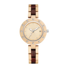 GORBEN Women's Bamboo Wooden Watch with Analog Calendar Display Crystal Elegant Quartz Casual Watches for Ladies
