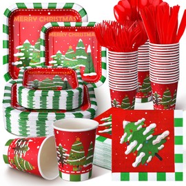 Suttmin 350 Pcs Paper Plates and Napkins Set Disposable Paper Plates Party Supplies Tableware Set Dinnerware Serve 50 Guest Plates and Napkins Cups Knife Forks Spoon (Red,Merry Christmas)