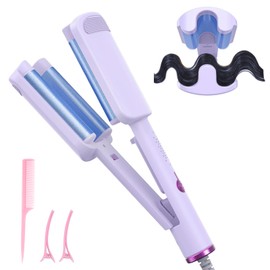 Hair Crimper for Women, 3 Barrel Beach Waver Curling Iron with 4 Temp Adjustable, Dual Voltage, Anti-Scald, Travel Lock, Fast Heating Crimper Hair Tool for All Hair Types (Purple)