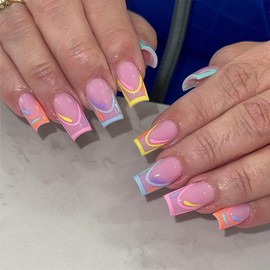 SINHOT Square Press on Nails Medium - Colorful Fake Nails Glossy Glue on Nails Rainbow Stripes Acrylic Nail Supplies Squoval Artificial Nail Art French Tip False Nails with Design DIY 24 pcs