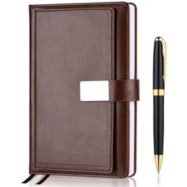 ExecNote Lined Journal Notebook for Men and Women, Hard Cover, Leather, College Ruled Notebook for Work, 256 Pages of 100 GSM Paper, A5 Size, Pen included; Holiday Gift for Coworkers, Dark Brown