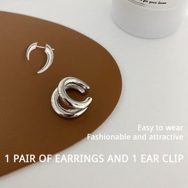 COYUN 3 Stück Ohrringe für Damen, Silber Ohrringe Creolen Ohrstecker, Hornohrringe, C-förmiger Ohrclip, Ear Cuff für Damen Ohrmanschette Ohrringe Fake Ohrringe, Earcuffs Fake Knorpel Ohrringe