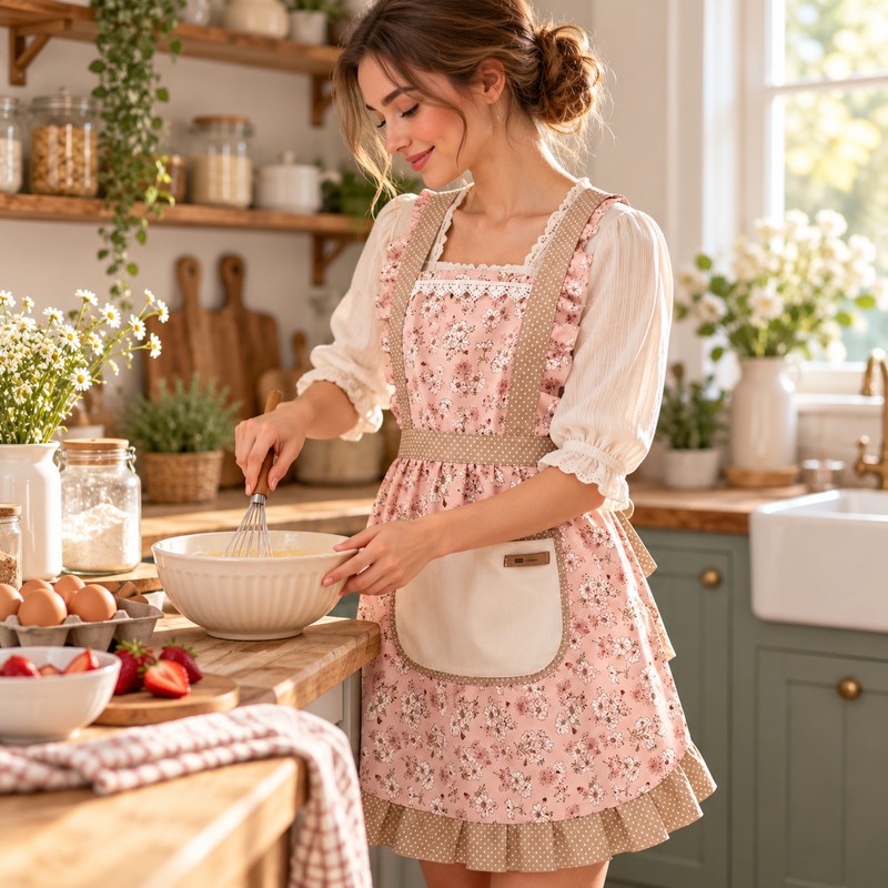 Retro Floral Canvas Apron for Kitchen Cooking – Ruffle Edge