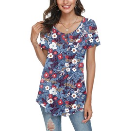 POPYOUNG Plus Size Summer Womens Tunic Tops Loose Fit dressy Casual Short Sleeve Shirts to wear with Leggings 2XL, Colorful Floral Purple