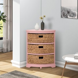 eHemco Hampton Meadows 3 Tier X-Side Corner Table Storage Cabinet with 3 Wicker Baskets, Pink
