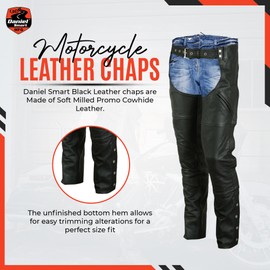 Daniel Smart Motorcycle Economy Leather Chaps All Season Unisex Biker Assless Chaps with Customizable fit and Carry Pockets Black