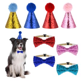 4 Sets Small Stuffed Animal Party Hats with Bow Ties, Colorful Mini Birthday Hats for Dogs with Sequins, for Puppies, Kittens, Holiday, Wedding, Party Accessories