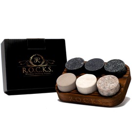 ROCKS ウィスキー冷却ストーン 手作り 丸型 花こう岩 シッピングロック ハードウッド製収納トレイ付き（6点セット）