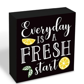 Inspirational Wood Sign, Rustic Wooden Table Signs, Motivational Block Signs Decor, Home Office Desk Black Decor, Black Wooden Box Signs 5.1x5.1 inches, Everything is a Fresh Start Sign