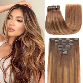 Clip in Hair Extensions Real Human Hair,20 Inch 120g 7pcs Human Hair Extensions Clip In Human Hair,Balayage Chocolate Brown to Caramel Blonde Hair Extensions Clip In Real Hair Extensions