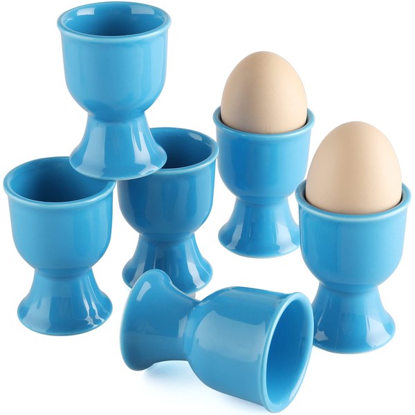 Ceramic Egg Cups Set of 6 Porcelain Egg Stand Holders for Soft Hard Boiled Eggs for Breakfast (Blue)