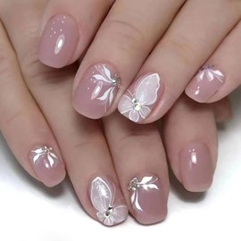 Clataly 24 Pcs Cute Butterfly Fake Nails White Flower False Nail Glossy Full Cover Nails Press On False Nails (B)