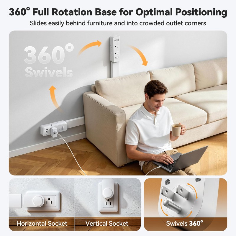 Outlet Extender Stick, 360° Rotating Wall Outlet Expander with 22-35"