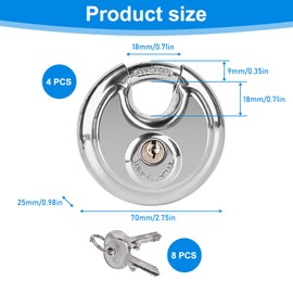 BAIFULAI Pack of 4 Round Shackle Lock 70 mm, Padlock with 8 Keys, Round Lock with Stainless Steel Shackle, Disc Lock, Round, Rustproof, Weatherproof Hanging Lock, Safety Lock