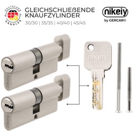 GERCAR Pro Knob Cylinder, 30/30 mm, Solid Locking Cylinder, Keyed Alike with Knob, Nickel-Plated Matt Brass Cylinder Lock, Includes 10 x Reversible Keys, Length: 60 mm, A:30 mm, B:30 mm, Set of 2