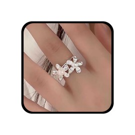Allereya Boho Pearl Flower Ring Silver Daisy Ring Layered Flower Rings Hammered Floral Ring Pearl Daisy Ring Adjustable Flower Finger Ring Jewellery for Women, Zinc