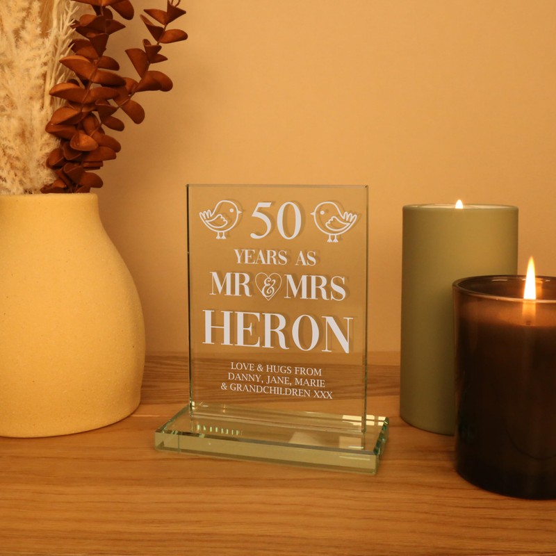 De Walden 50th Golden Wedding Anniversary Couple Glass Celebration Gift