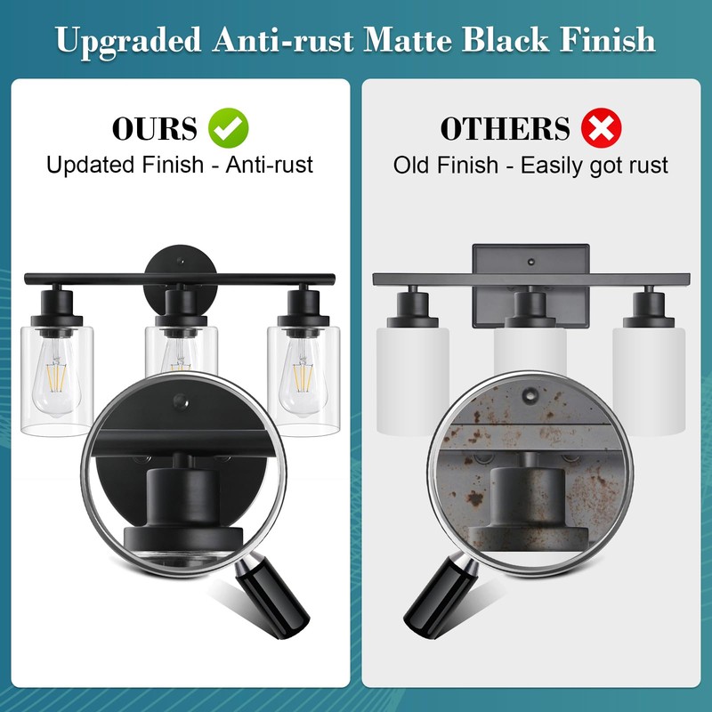 Unicozin Modern Bathroom Light Fixtures, 3 Light Vanity Lights, Black