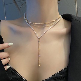 Xduargs Boho Layered Pearl Y Lariat Necklace Gold Crystal Tennis Chain Vintage CZ Y Drop Adjustable Beads Choker Jewellery for Women, Zinc