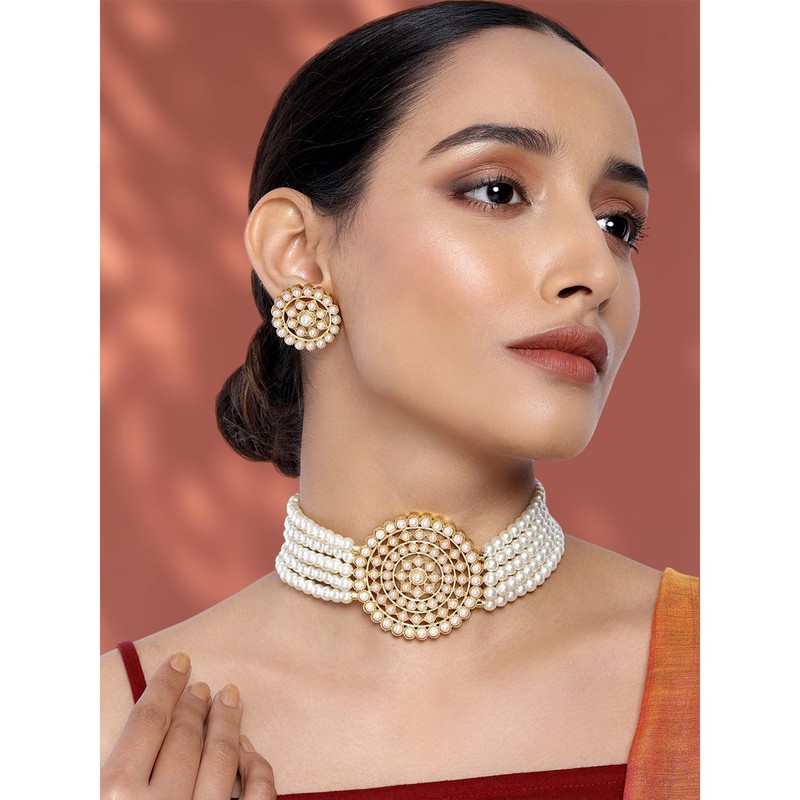 Aheli Pearl Diamond Gargantilla Collar con pendientes redondos Set Regalo