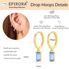 Sterling Silver Hoop Earrings for Women, Small Gold Drop Hoop Earrings with Baguette Dangle | Hypoallergenic Tanzantie Cubic Zirconia Huggie Cartilage Earring Jewellery Girls Gifts