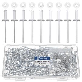 JTAREA Pack of 250 Aluminium Blind Rivets 3.2 x 10 mm with Washers Rivets Pop Rivets Blind Rivets Large Head Aluminium Core Rivets with Round Head (Silver)