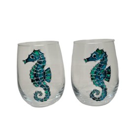 Seahorse Blue Green Hand Painted Stemless Wine Glasses Set of 2