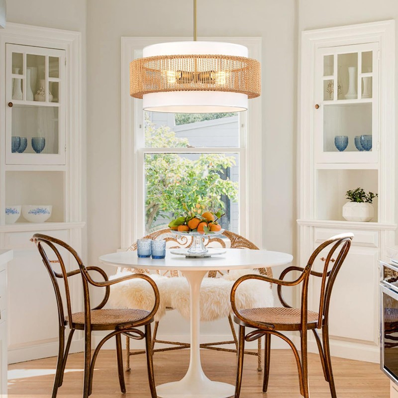 Boho Rattan Chandelier, 19.7" Large Boho Pendant Light with Fabric