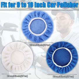 Incisite 9 PCS Polishing Bonnet Pads, 9 to 10 Inch Polisher Bonnet Buffer Bonnets Waxers Pads,Buffing Pad Cover Waxing Bonnets, Mix Pack 3 Microfiber 3 Coral Fleece 3 Woolen for Car Polisher
