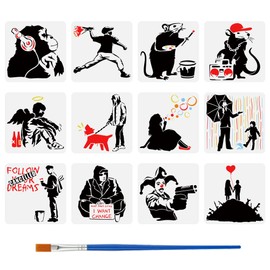 FINGERINSPIRE Banksy Drawing Stencils with a Brush 30 x 30 cm Banksy Painting Template with Banksy Motif Girl Boy Man Angel Clown Chimpanzees Rat Banksy Motif for Painting on Wood Pack of 12