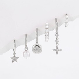TOBS Earrings Set of 6 Sterling Silver Gold Stud Earrings Set Stars Zirconia Earrings Gold-Plated Pearls Hoop Earrings with Pendant Earrings Jewellery Gift, Silver