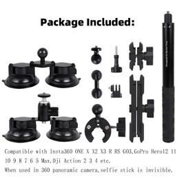 Car Mount for Insta360, 4 in1 Suction Cups Mount Kit with Invisible Selfie Stick for Insta360 ONE X5 X4 X3 X2 RS and Other 360 Cameras,Car Holder on Windshield Window/Hood/Top Roof/Trunk lid