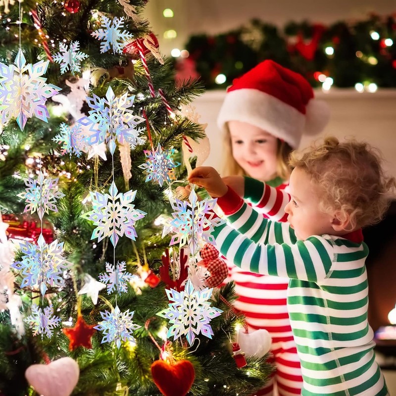 24PCS Snowflake Christmas Decorations, 3D Large Iridescent Paper Snowflakes Garland