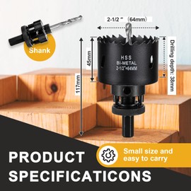 2 1/2 inch Hole Saw Drill Bit for Metal and Wood, M42 Bi-Metal Hole Cutter with 1.5” Cutting Depth for Plywood, Fiberglass, Acrylic, Drywall and Sheet Steel