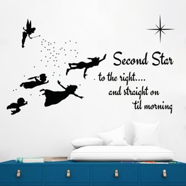 Second Star to The Right and Straight On Til Morning Peter Pan Quote Wall Decor I Tinker Bell Wall Decal for Child Room Decorations I Multiple Size Options (Wide 22" x 13" Height)