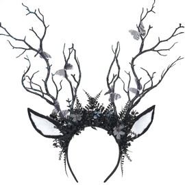 MOSTORY Black Flower Antlers Headband - Gothic Branch Reindeer Ear Headpiece with Butterfly for Renaissance Deer Cosplay, Floral Antler Headband for Renfaire Dark Fairy Costume Women Witch Aesthetic