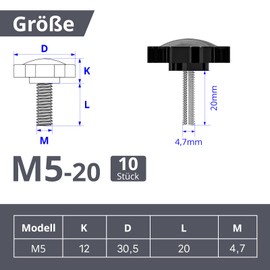 ORTAVA Pack of 10 Star Grip Screws, Screws with Handle M5 x 20 mm, Knurled Screw, Star Head Screw, Star Grip Nut, Clamping Knob for Machine Tools, Machine (Black)