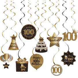 Happy 100th Birthday Party Hanging Swirls Streams Ceiling Decorations, Celebration 100 Foil Hanging Swirls with Cutouts for 100 Years Old Black and Gold Birthday Party Decorations Supplies