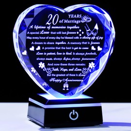 20th Wedding Anniversary Crystal Gifts for Couples Parents, Romantic Heart 20th Anniversary Keepsake Gifts for Her Him, 20 Years of Anniversary Marriage Gifts for Wife Husband