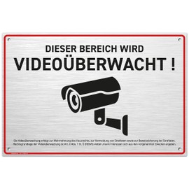 HAGEFOL® Video Surveillance Sign (30 x 20 cm - Large) with DSGVO Notice, Includes 4 Drill Holes, Camera Warning for Surveillance Camera or Dummy Camera (Brushed Aluminium, 30 x 20 cm)