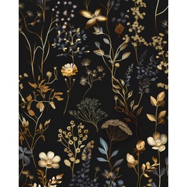Vintage Black Gold Floral Peel and Stick Wallpaper 17.5" x 393" Dark Boho Leaf Colorful Contact Paper For Bathroom Bedroom Mural Cabinet Vinyl Waterproof Removable Farmhouse Art Dorm Renter Friendly