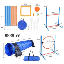 Premium Dog Agility Training Equipment Set for Indoor and Outdoor, Dog Obstacle Course Kit, 2 Hurdles Jump, Tire Jump, Tunnel, Weave Pole with Stand, Pause Box, 1 Toy Ball, 1 Flying Discs, 1 Whistle