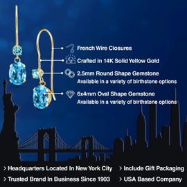 Gem Stone King 14K Yellow Gold Swiss Blue Topaz French Wire Dangle Earrings For Women (1.26 Cttw, Gemstone November Birthstone, Oval 6X4MM and Round 2.5MM)