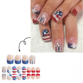 4th of July Press on Nails French Tip Fake Nails Independence Day Red White Blue Glitter with Star Design Acrylic False Nails 4th of July Full Cover Glossy Stick on Nail for Women Manicure Decoration