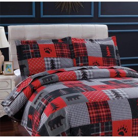 Junsey Rustic Bear Quilts Set Twin Size,Lightweight Plaid Bedspread Coverlet Rustic Lodge Bedding Forest Tree Bed Sheet with Pillswshams (Red Black Gray, Twin)