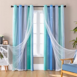 XiDi Dream Star Blackout Fabric Curtains for Kids Rooms Girl Princess Curtain for Daughter Bedroom Window (Blue Green Grey, W52 X L84)