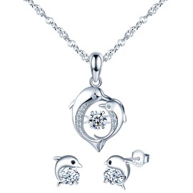 MICMIF Cubic Zirconia Dolphin Jewellery Set Silver 925 for Women Girls: Dolphin Stud Earrings and Chain with Dolphin Pendant, Amusement Park Ocean Theme Jewellery for Girlfriend Mother Daughter,